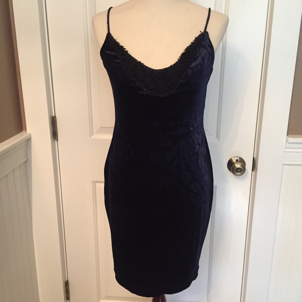 BADGLEY MISCHKA DRESS SHEATH BLUE VELVET BLACK BEADED SPAGHETTI STRAP S Fit